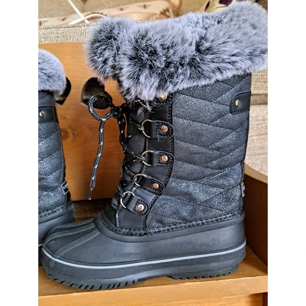 London Fog Kids Winter Black Waterproof Boots Lace-up Quilted Faux Fur Cuff 1.0